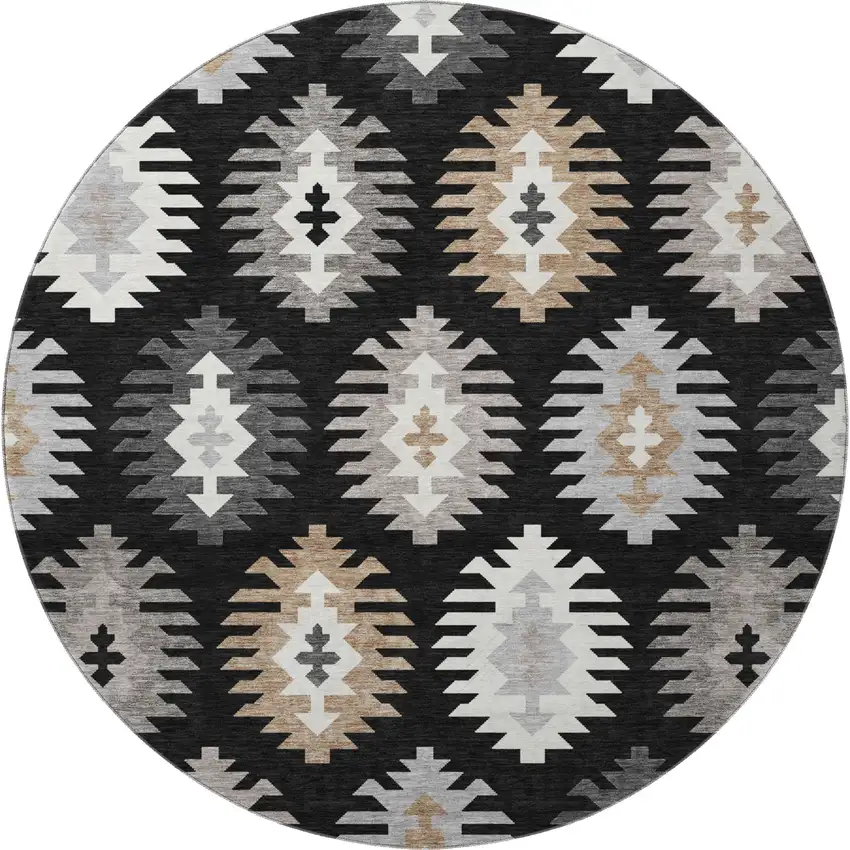 8' Black Ivory And Gray Southwestern Washable Round Rug With UV Protection Photo 3