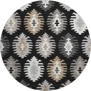 Photo of 8' Black Ivory And Gray Southwestern Washable Round Rug With UV Protection