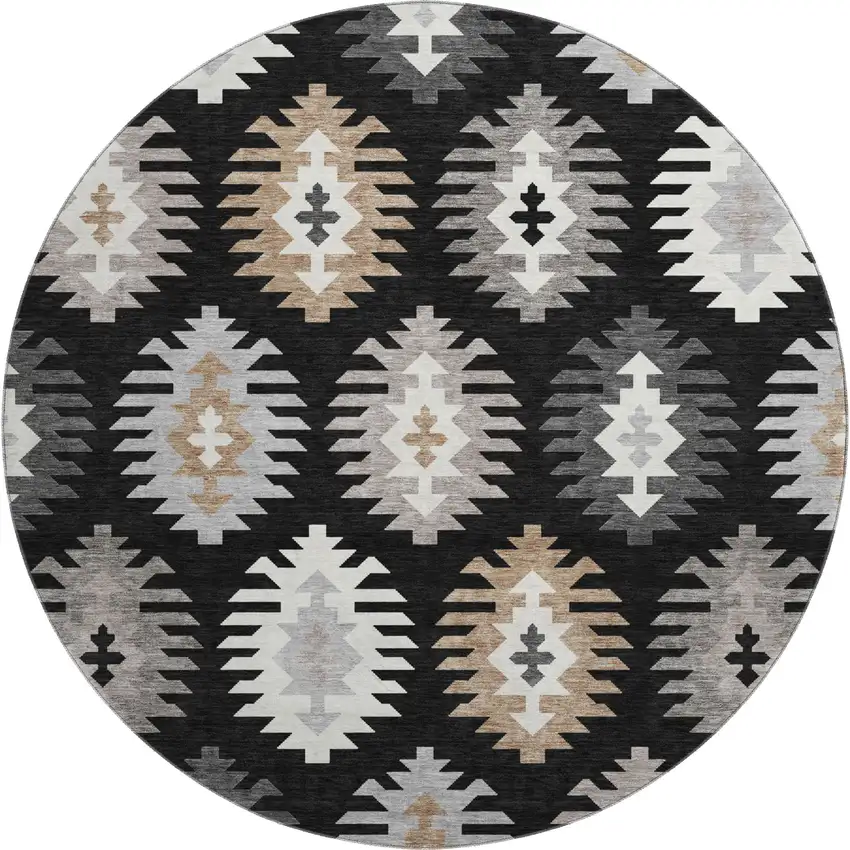 8' Black Ivory And Gray Southwestern Washable Round Rug With UV Protection Photo 1