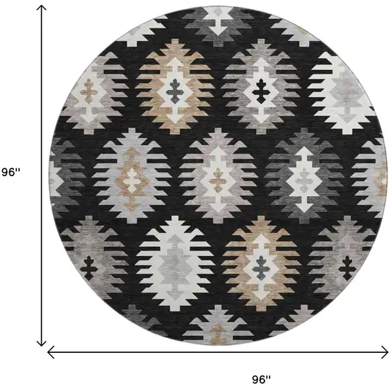 8' Black Ivory And Gray Southwestern Washable Round Rug With UV Protection Photo 9