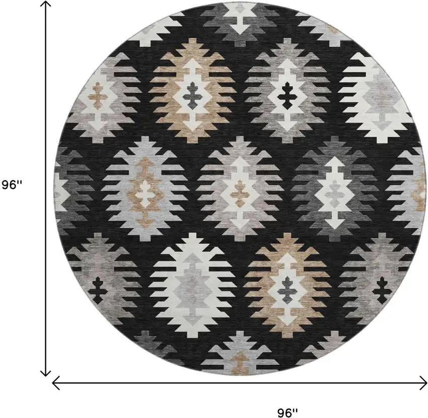 8' Black Ivory And Gray Southwestern Washable Round Rug With UV Protection Photo 9