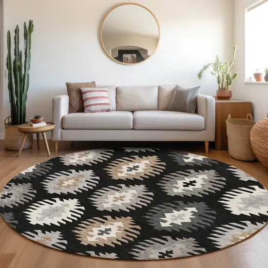 8' Black Ivory And Gray Southwestern Washable Round Rug With UV Protection Photo 4