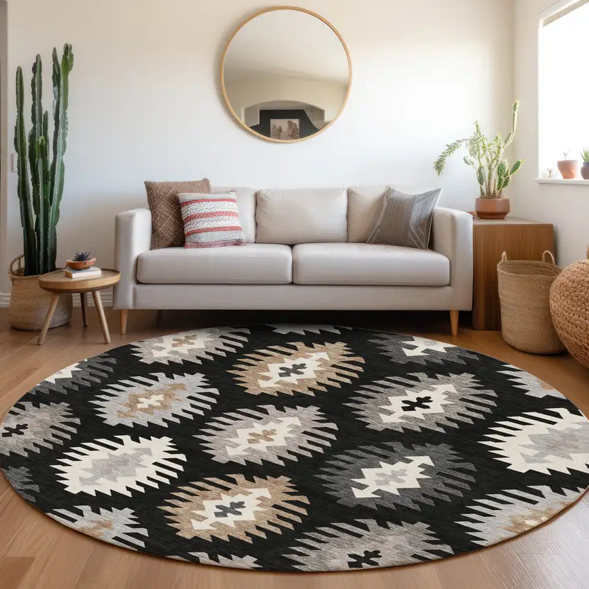 8' Black Ivory And Gray Southwestern Washable Round Rug With UV Protection Photo 4