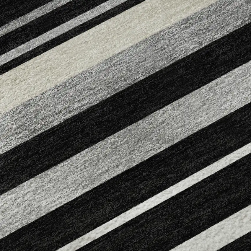 8' Black Ivory And Gray Striped Washable Round Rug With UV Protection Photo 7