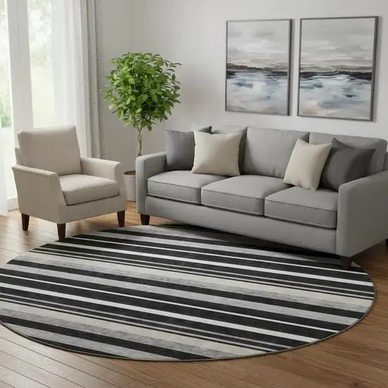 8' Black Ivory And Gray Striped Washable Round Rug With UV Protection Photo 1