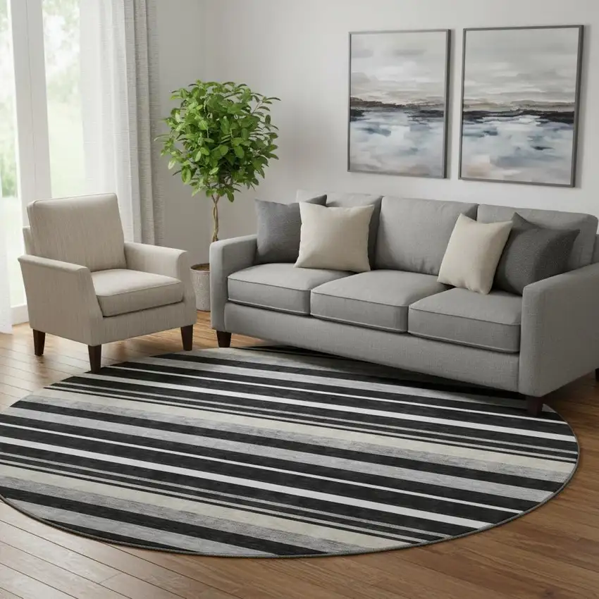8' Black Ivory And Gray Striped Washable Round Rug With UV Protection Photo 1