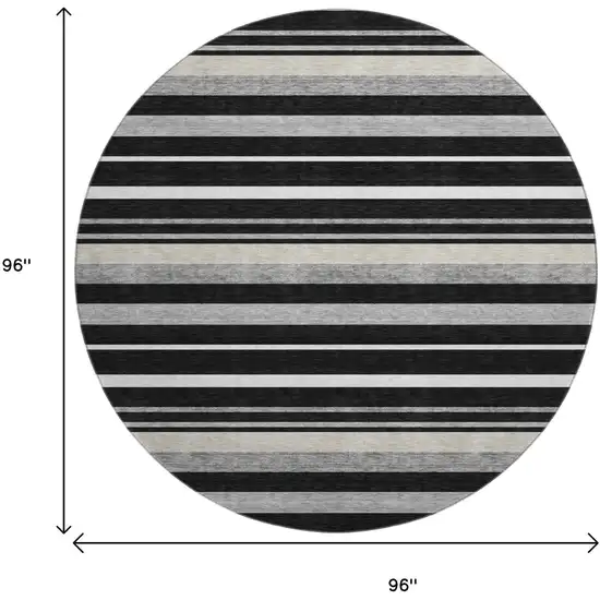 8' Black Ivory And Gray Striped Washable Round Rug With UV Protection Photo 8
