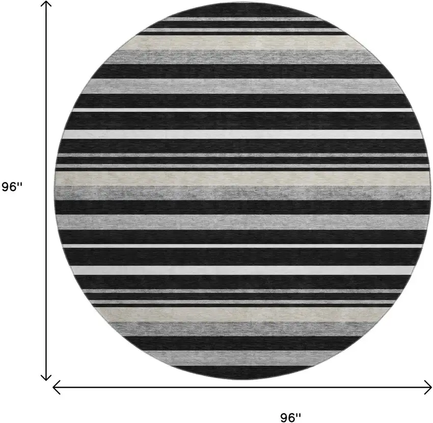 8' Black Ivory And Gray Striped Washable Round Rug With UV Protection Photo 8