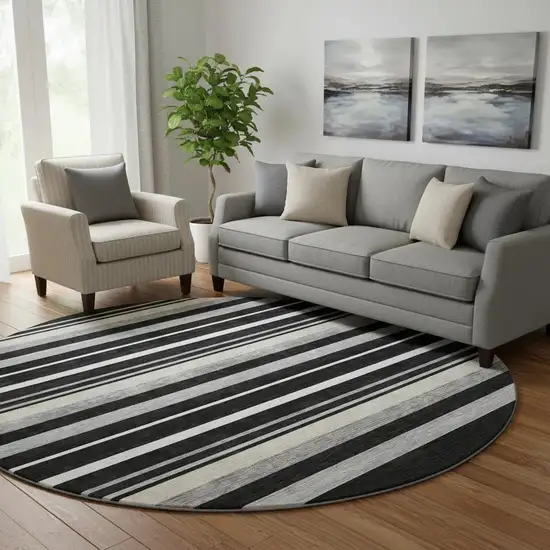 8' Black Ivory And Gray Striped Washable Round Rug With UV Protection Photo 2