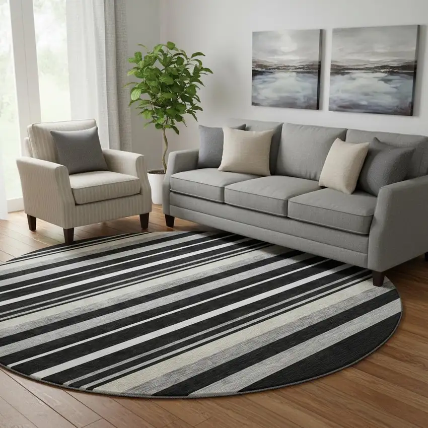 8' Black Ivory And Gray Striped Washable Round Rug With UV Protection Photo 2