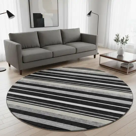 8' Black Ivory And Gray Striped Washable Round Rug With UV Protection Photo 2