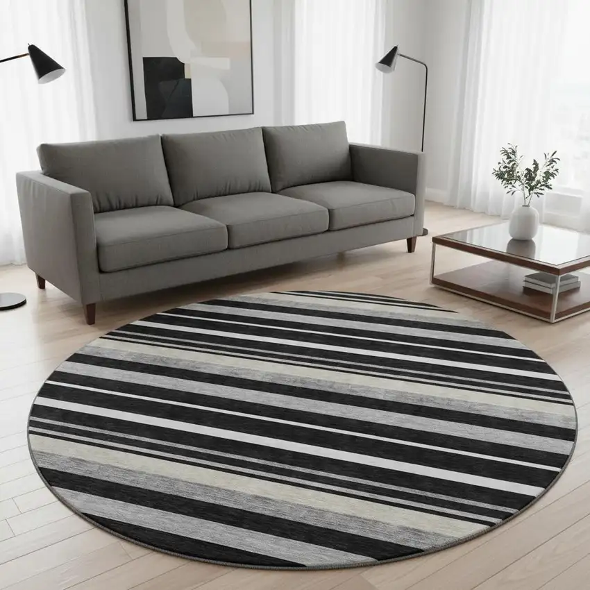 8' Black Ivory And Gray Striped Washable Round Rug With UV Protection Photo 2