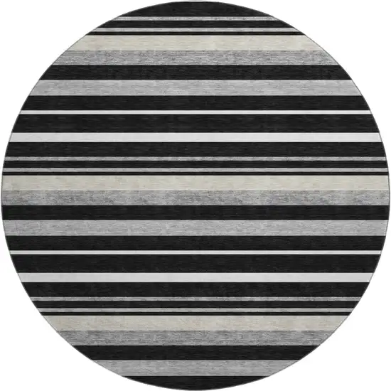 8' Black Ivory And Gray Striped Washable Round Rug With UV Protection Photo 1
