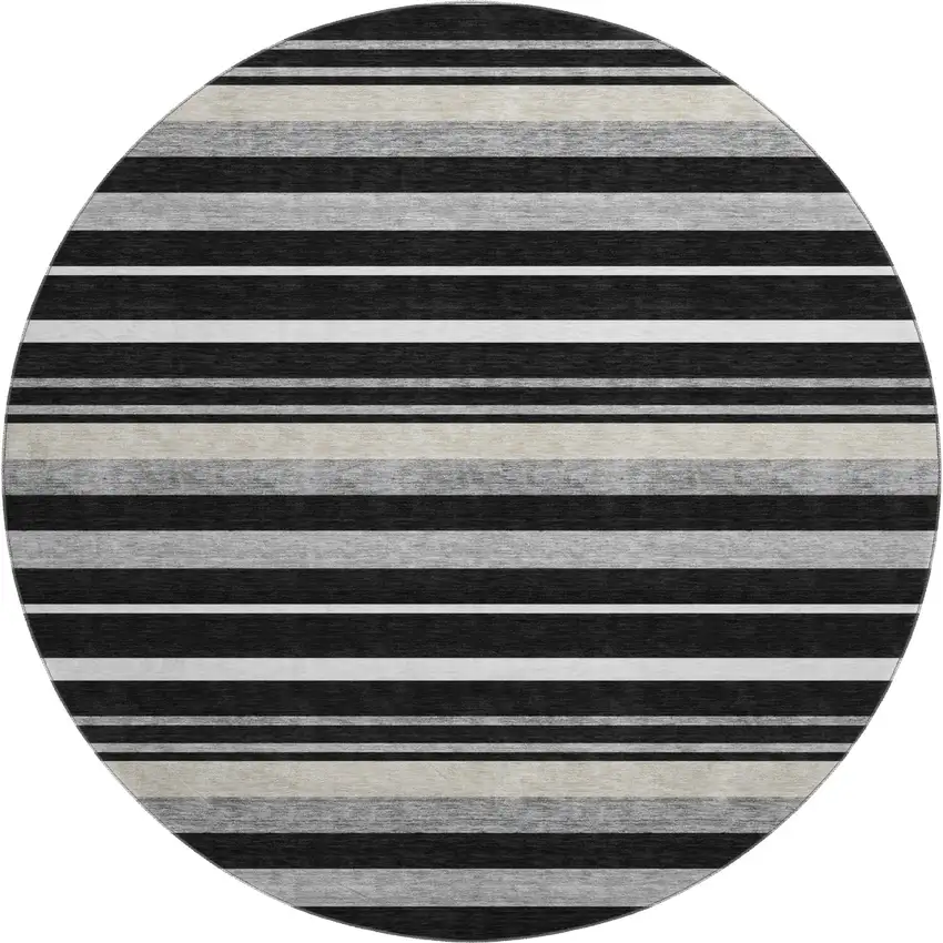 8' Black Ivory And Gray Striped Washable Round Rug With UV Protection Photo 1