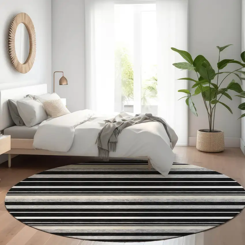 8' Black Ivory And Gray Striped Washable Round Rug With UV Protection Photo 3