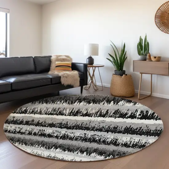 8' Black Ivory And Gray Striped Washable Round Rug With UV Protection Photo 4