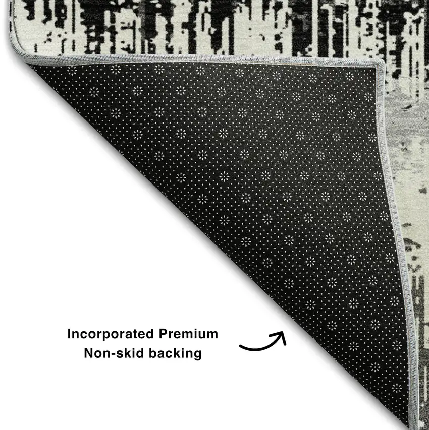 8' Black Ivory And Gray Striped Washable Round Rug With UV Protection Photo 5