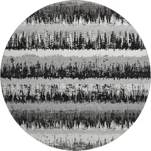 Photo of 8' Black Ivory And Gray Striped Washable Round Rug With UV Protection