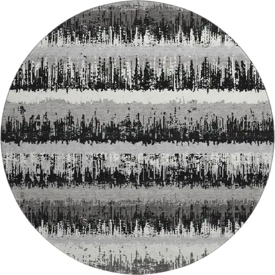 8' Black Ivory And Gray Striped Washable Round Rug With UV Protection Photo 1