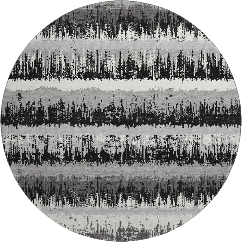 8' Black Ivory And Gray Striped Washable Round Rug With UV Protection Photo 1