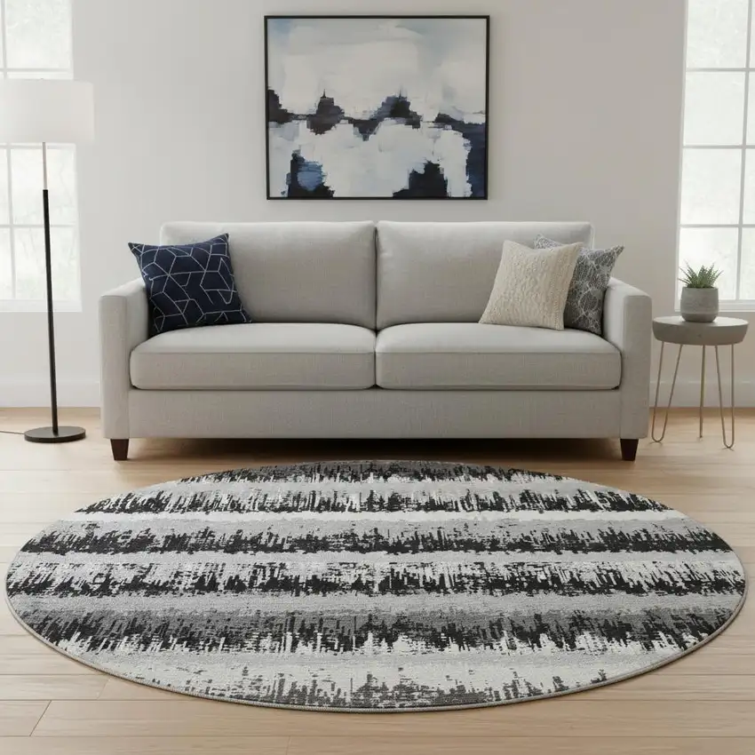 8' Black Ivory And Gray Striped Washable Round Rug With UV Protection Photo 2