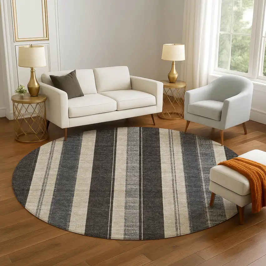 8' Black Ivory And Gray Striped Washable Round Rug With UV Protection Photo 5