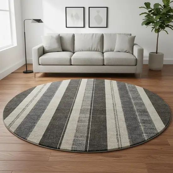 8' Black Ivory And Gray Striped Washable Round Rug With UV Protection Photo 2