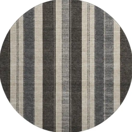 8' Black Ivory And Gray Striped Washable Round Rug With UV Protection Photo 4