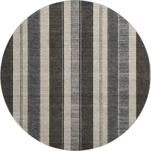 Photo of 8' Black Ivory And Gray Striped Washable Round Rug With UV Protection