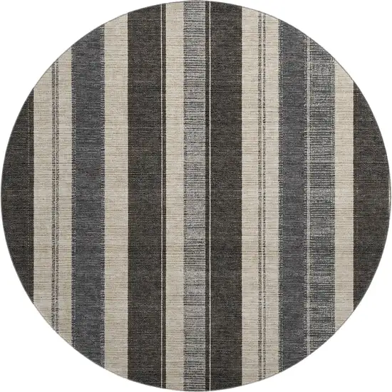 8' Black Ivory And Gray Striped Washable Round Rug With UV Protection Photo 1