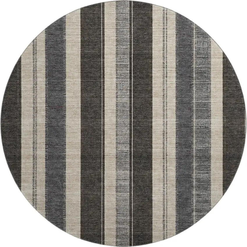 8' Black Ivory And Gray Striped Washable Round Rug With UV Protection Photo 1