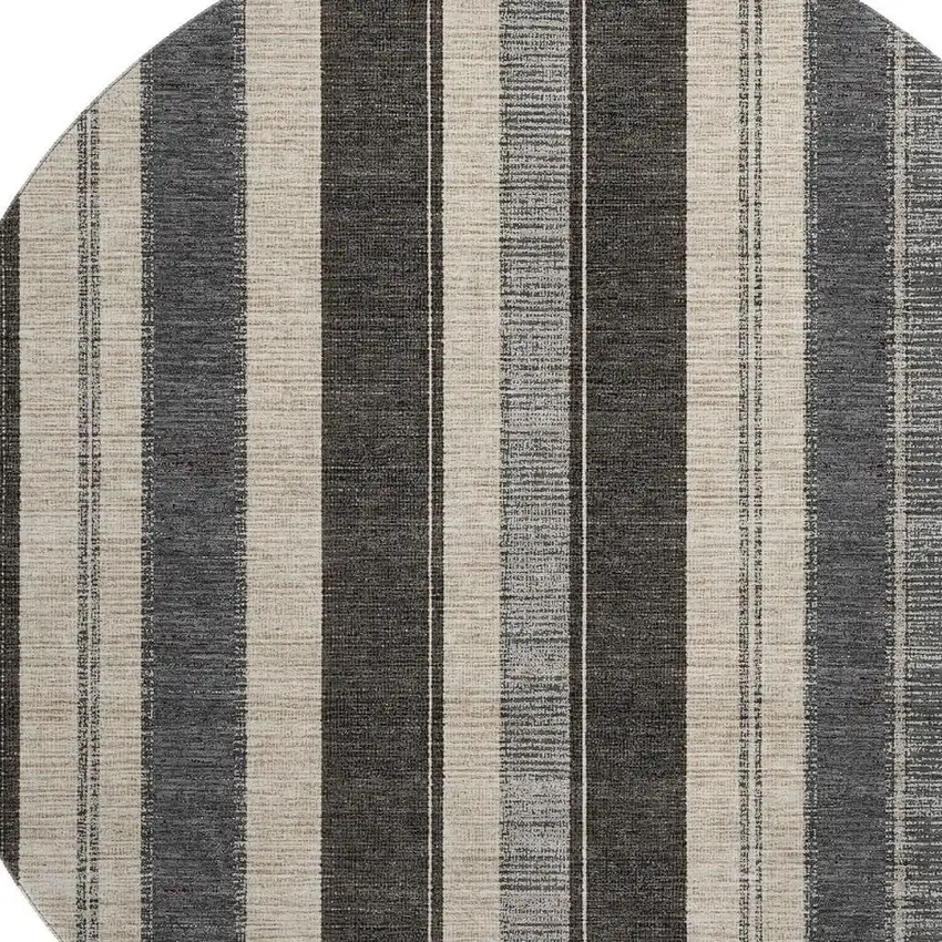 8' Black Ivory And Gray Striped Washable Round Rug With UV Protection Photo 3