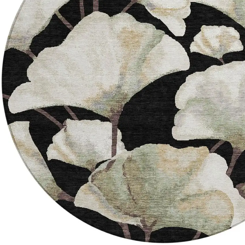 8' Black Ivory And Green Round Botanical Leaves Washable Indoor Outdoor Area Rug Photo 3