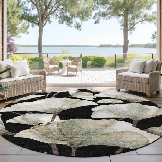 8' Black Ivory And Green Round Botanical Leaves Washable Indoor Outdoor Area Rug Photo 4