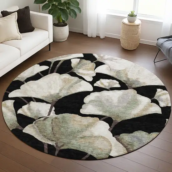 8' Black Ivory And Green Round Botanical Leaves Washable Indoor Outdoor Area Rug Photo 5