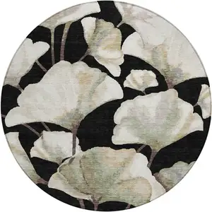 Photo of 8' Black Ivory And Green Round Botanical Leaves Washable Indoor Outdoor Area Rug