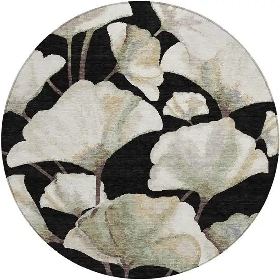 8' Black Ivory And Green Round Botanical Leaves Washable Indoor Outdoor Area Rug Photo 1