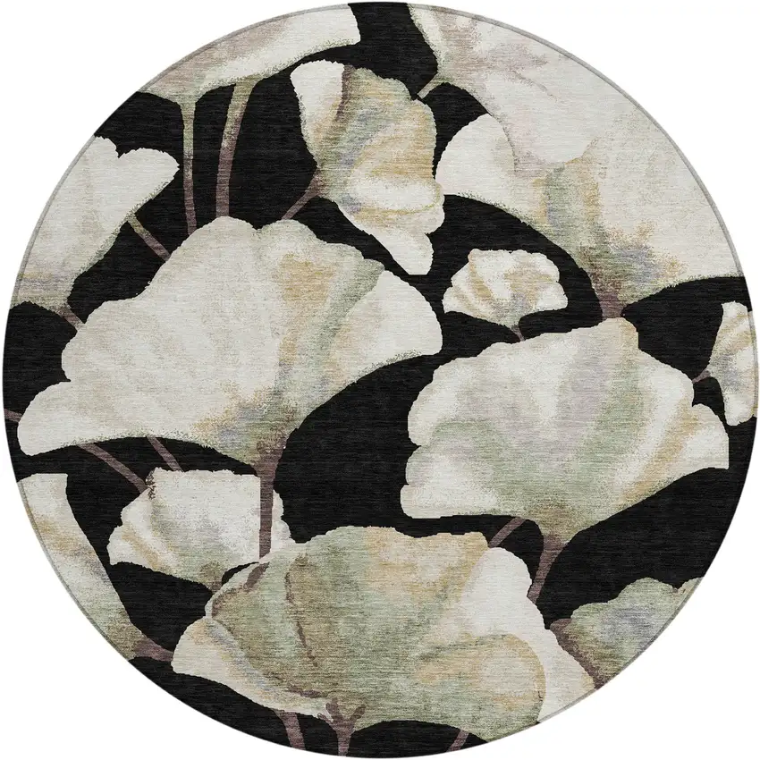 8' Black Ivory And Green Round Botanical Leaves Washable Indoor Outdoor Area Rug Photo 1