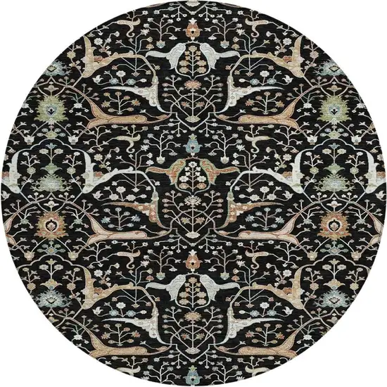 8' Black Ivory And Green Round Floral Washable Indoor Outdoor Area Rug Photo 4