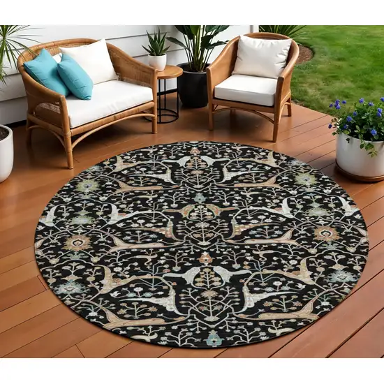 8' Black Ivory And Green Round Floral Washable Indoor Outdoor Area Rug Photo 1