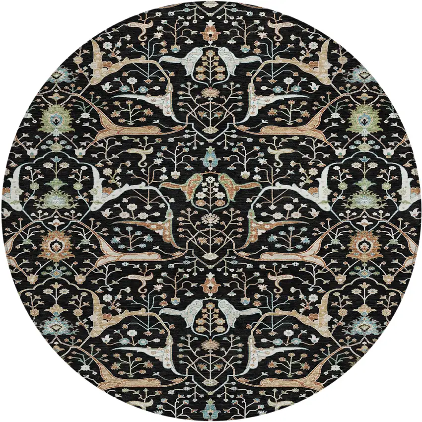 8' Black Ivory And Green Round Floral Washable Indoor Outdoor Area Rug Photo 2