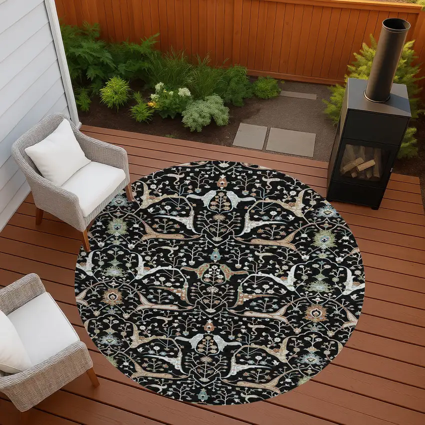 8' Black Ivory And Green Round Floral Washable Indoor Outdoor Area Rug Photo 9