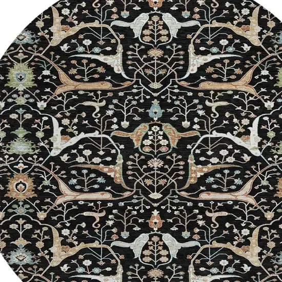 8' Black Ivory And Green Round Floral Washable Indoor Outdoor Area Rug Photo 7