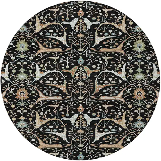 8' Black Ivory And Green Round Floral Washable Indoor Outdoor Area Rug Photo 5
