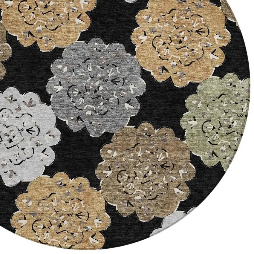 8' Black Ivory And Khaki Round Quatrefoil Washable Indoor Outdoor Area Rug Photo 7