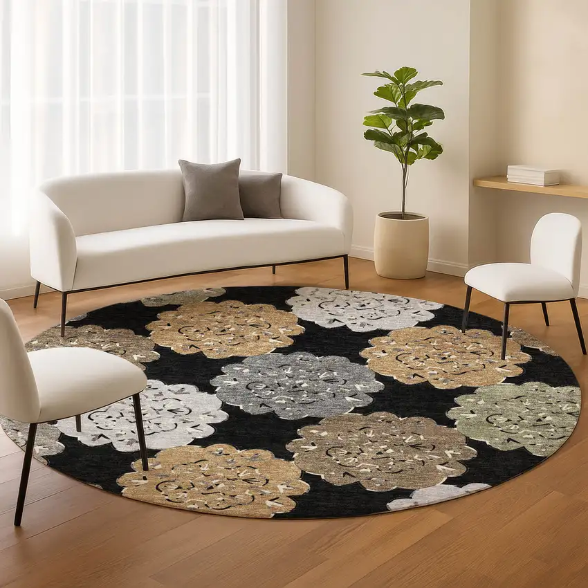 8' Black Ivory And Khaki Round Quatrefoil Washable Indoor Outdoor Area Rug Photo 9