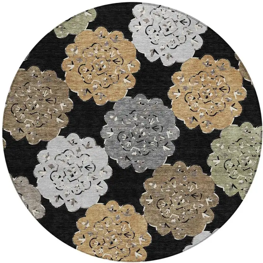 8' Black Ivory And Khaki Round Quatrefoil Washable Indoor Outdoor Area Rug Photo 4