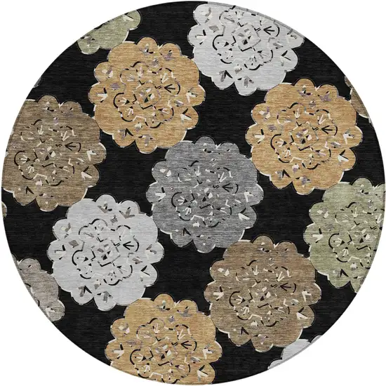 8' Black Ivory And Khaki Round Quatrefoil Washable Indoor Outdoor Area Rug Photo 2