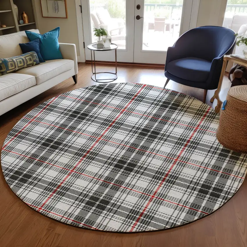 8' Black Ivory And Red Round Plaid Washable Indoor Outdoor Area Rug Photo 7