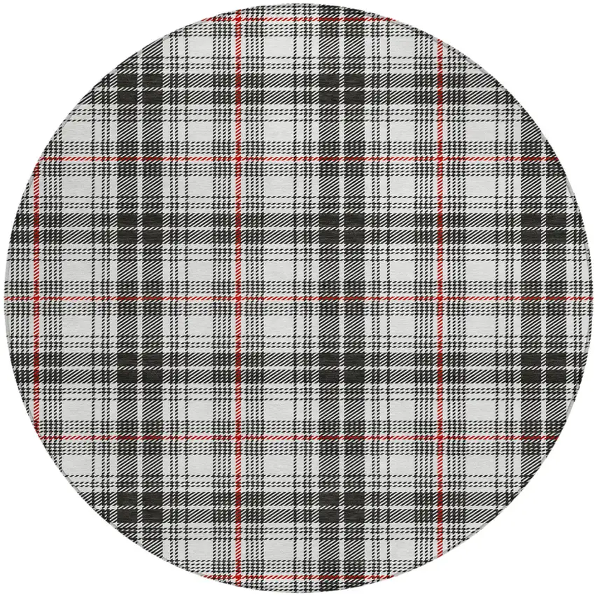 8' Black Ivory And Red Round Plaid Washable Indoor Outdoor Area Rug Photo 2